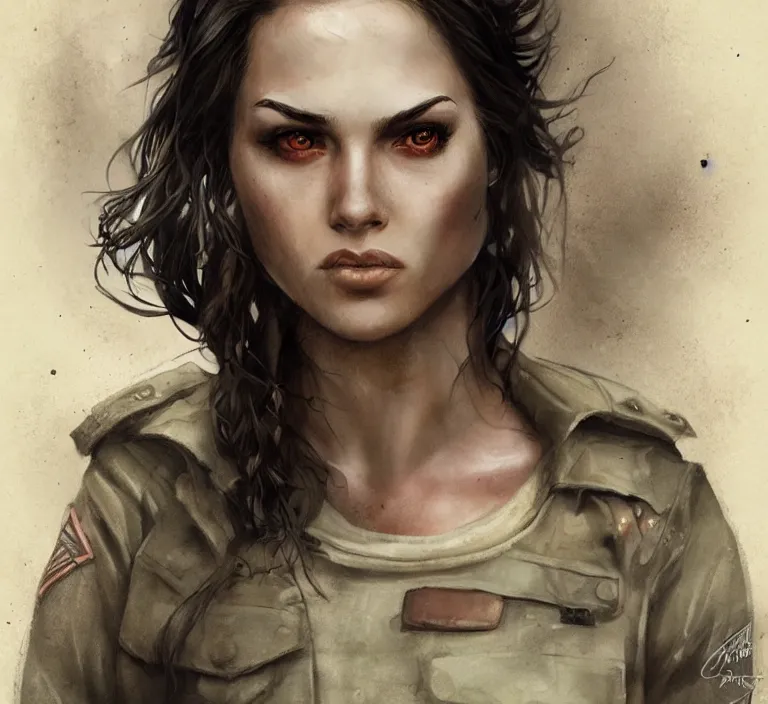 Image similar to a rugged female marine in the style of tom bagshaw