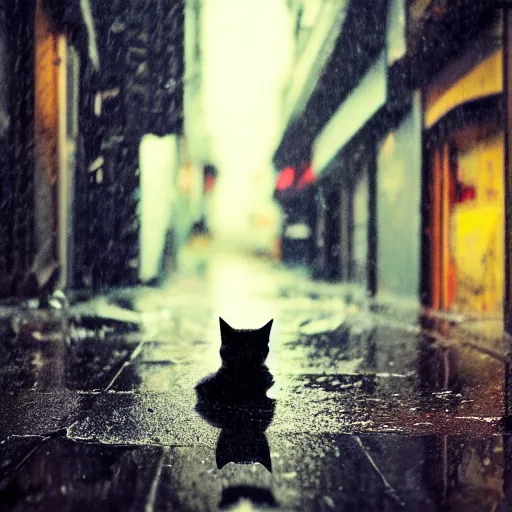 Prompt: a rainy cyuberpunk neo tokyo alley with a black cat sleeping on a piece of cardboard on the floor, photo, 4 k