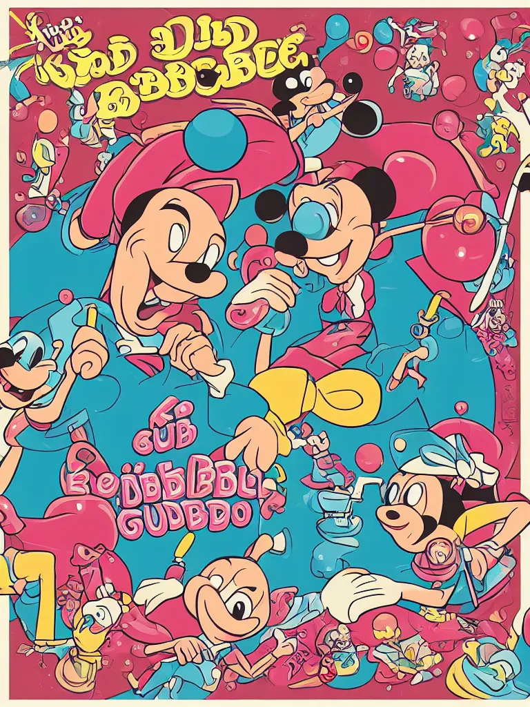 Image similar to kid blowing bubble gum, disney style illustrations, blunt borders