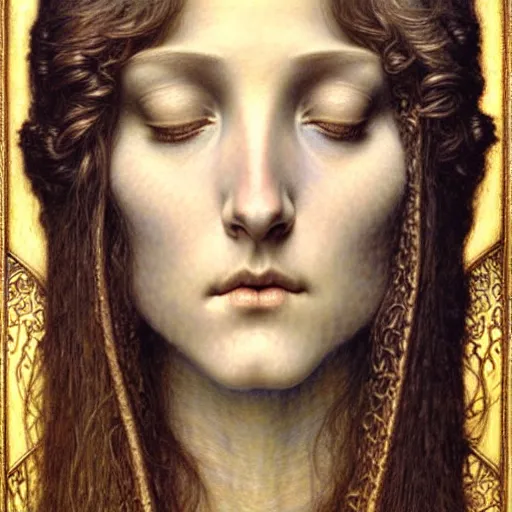 Image similar to detailed realistic beautiful young medieval queen face portrait by jean delville, gustave dore and marco mazzoni, art nouveau, symbolist, visionary, gothic, pre - raphaelite. horizontal symmetry