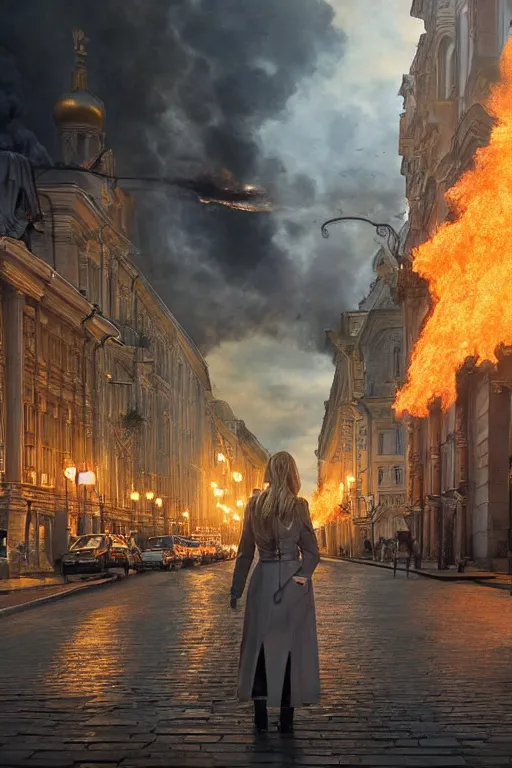 Image similar to in the foreground a street in Saint Petersburg, in the background a blonde woman from the back completely on fire wearing a long matrix-style jacket, realistic, high definition, many details, dramatic scene, detailed and realistic hands, symmetrical face, realistic eyes , art of D&D