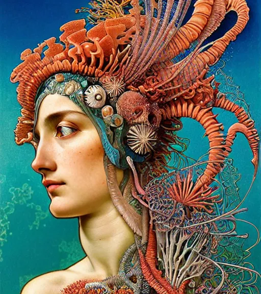 Image similar to hyperrealistic detailed face side portrait of the beautiful goddess of the fish skeletons with an intricate headgear of corals, sea kelp, sea plants, fish, starfish, jellyfish, art by ernst haeckel, john william godward, android jones, alphonso mucha, h. r. giger, gothic - cyberpunk, ornamental, beautiful deep colours,