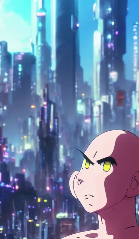 Image similar to anime fine details portrait of Buu in front of cyberpunk moder city landscape on the background deep bokeh, close-up view, anime masterpiece by Studio Ghibli. 8k, sharp high quality anime, artstation