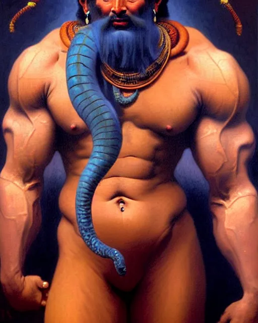 Image similar to amazing lifelike award winning realistic illustration of Angry muscular hindu God Shiva wearing sheshnaag around his neck in style of William-Adolphe Bouguereau, shiva body builder, blue skin, pumped biceps and abs, sitting on tiger skin, Himalayas in the background, hypermuscular, trending on artstation, artgerm, Greg rutkowski, alphonse mucha, cinematic, epic Lighting, photorealistic, Octane render, Unreal Engine, Art nouveau