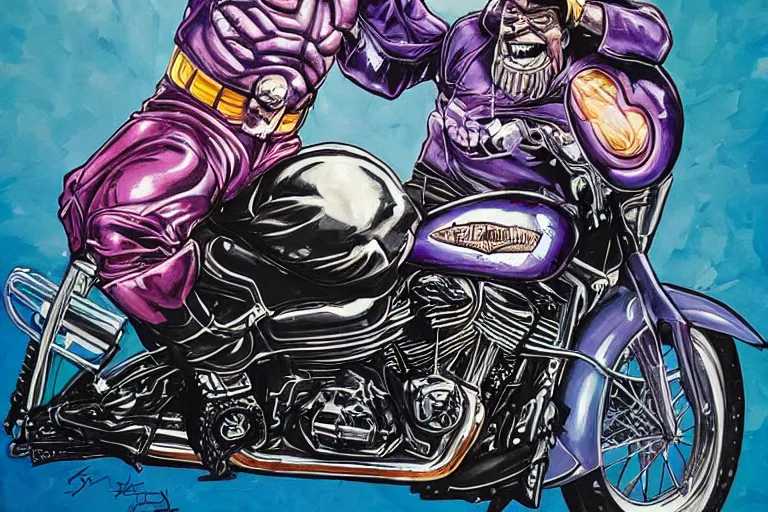 Prompt: Thanos riding a Harley Davidson by Sandra Chevrier