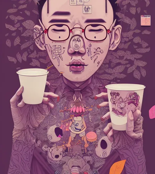 Prompt: portrait, nightmare anomalies, leaves with milktea by miyazaki, violet and pink and white palette, illustration, kenneth blom, mental alchemy, james jean, pablo amaringo, naudline pierre, contemporary art, hyper detailed