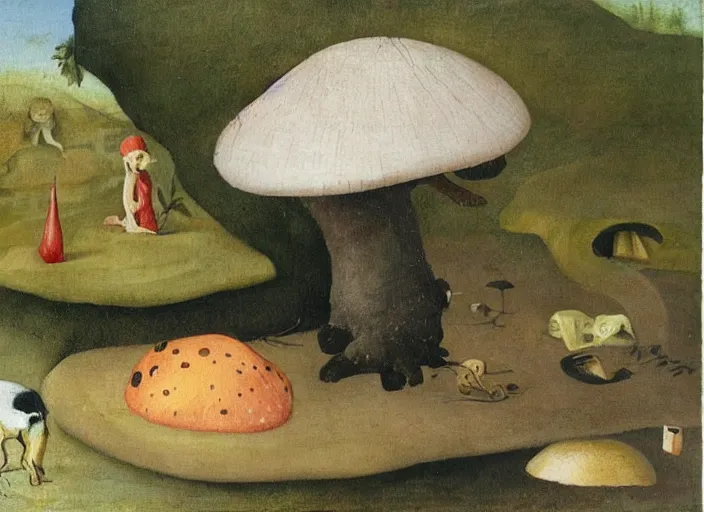 Image similar to a painting of a cute creature sitting next to a mushroom, detailed, realistic, in style of hieronymus bosch