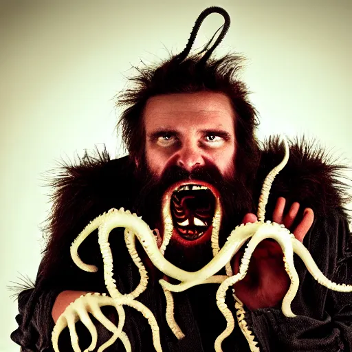 Image similar to filmic bearded man with living teeth and tentacles in the style of the horror film The Thing 1982