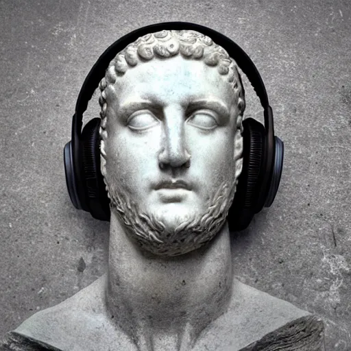 Prompt: a roman bust wearing headphones listening to music, in the stule of vaporwave