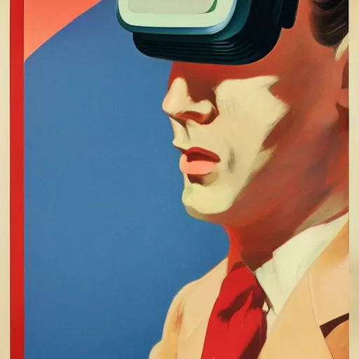 Image similar to man wearing virtual reality headset, 1950s art deco poster, retrofuturism, edward hopper