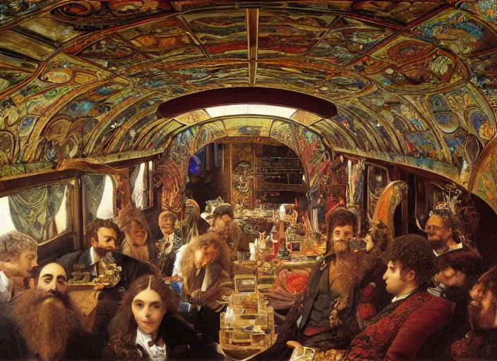 Image similar to incredibly beautiful breaktakingly detailed painting of the inside of the ornate underwater train to atlantis, various amazingly wonderful bizarre cool weird characters sat down, by ford maddox brown and william powell frith and frederic leighton, ultra wide angle, 4 k