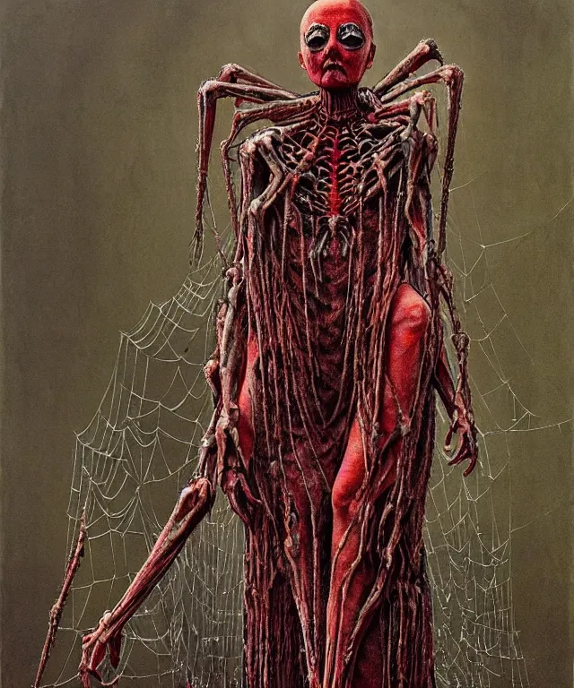 Image similar to a detailed creepy woman with many spider joints stands among the hills. wearing a ripped mantle, robe. perfect faces, extremely high details, realistic, fantasy art, solo, masterpiece, art by hermann nitsch, zdzislaw beksinski, dariusz zawadzki, giger, dragan bibin, ed binkley