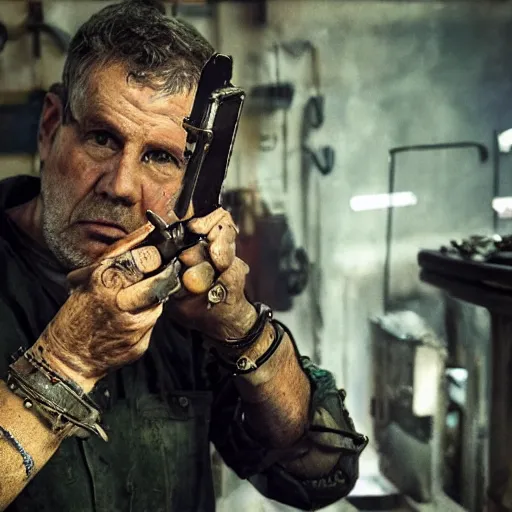 Image similar to inspecting intricate gun made from rusted cutlery, balding older cyborg with jeweller's loupe for eyes, with orange led light, smoking soldering iron, dark messy cluttered workshop, dark, dramatic lighting, cinematic, highly detailed, sci - fi, futuristic, movie still from blade runner