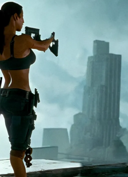 Image similar to film still of Lara Croft as John McClane in Die Hard, thicc, large chest, crop top, white thong, 4k