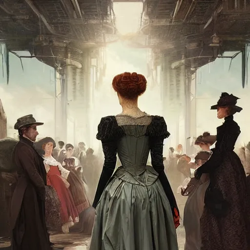 Prompt: portrait of a victorian lady within a crowd of people in a futuristic city, from behind, streets, angels in the sky, beautiful, solarpunk!!!, highly detailed, digital painting