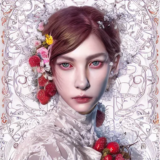 Image similar to the portrait of an absurdly beautiful, graceful, elegant, sophisticated, fashionable young woman made of strawberries and white petals with tears, an ultrafine hyperdetailed illustration by kim jung gi, irakli nadar, intricate linework, bright colors, octopath traveler, final fantasy, unreal engine 5 highly rendered, global illumination, radiant light, detailed and intricate environment