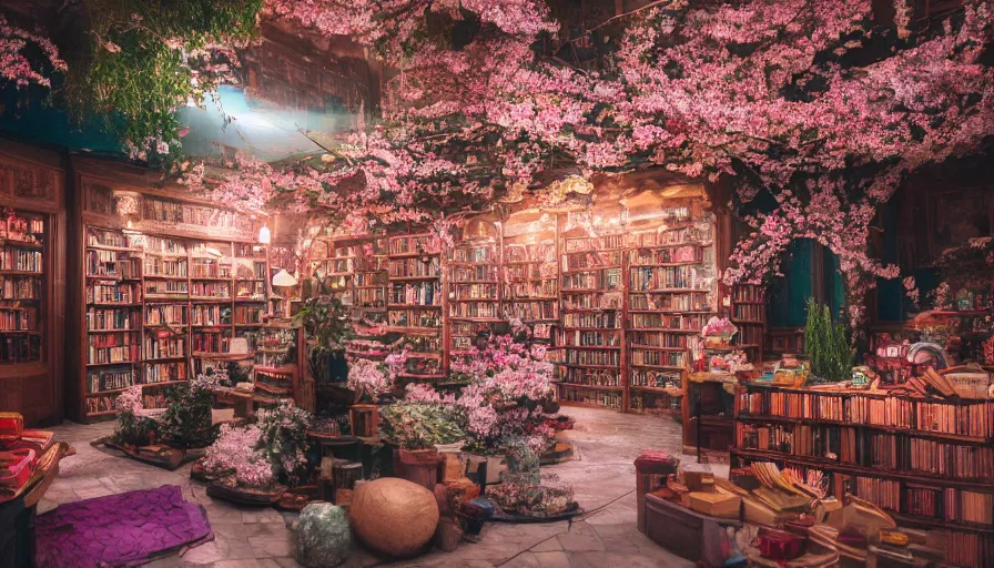 Image similar to a Wes Anderson 35mm film still of a very surreal magic bookshop with a beautiful waterfall inside, apothecary, botanical garden, falling cherry blossom pedals, in the style of Gucci, glowing lights and floating lanterns, foggy atmosphere, rainy, moody, muted colors, magic details, very detailed, 8k, cinematic look, octane render, psychedelic,