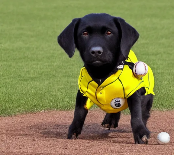 Prompt: A black labrador dog wearing a yellow and white baseball uniform, in a baseball field, sports photography