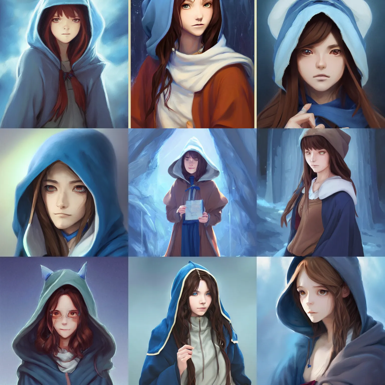 Prompt: portrait of a female wizard with brown hair wearing a blue hood and blue robe, half body, single subject, ambient lighting, highly detailed, digital painting, trending on pixiv fanbox, studio ghibli, extremely high quality artwork, art by ross tran and artgerm and makoto shinkai