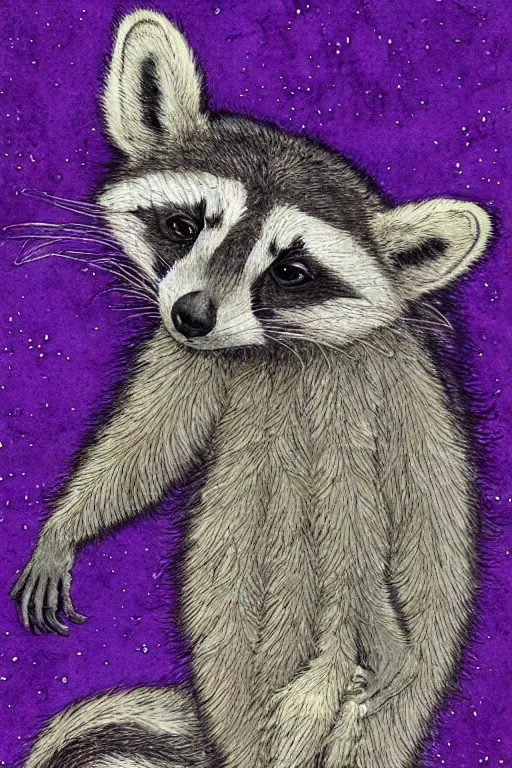 Image similar to purple stelar raccoon in the style of Rebecca Guay, high resolution 4k