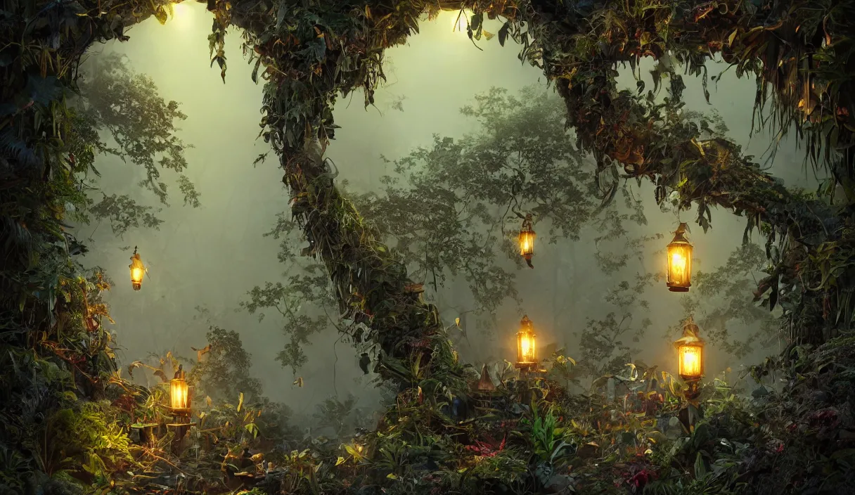 Image similar to jungle, path, lanterns, stars, torches, fireflies, bioluminescence, fire, fog, insane details, intricate, elite, ornate, elegant trend, highly detailed and intricate, sharp focus, photography, unreal engine, trending on artstation, photorealistic, octane, hyper detailed, trending on deviantart,