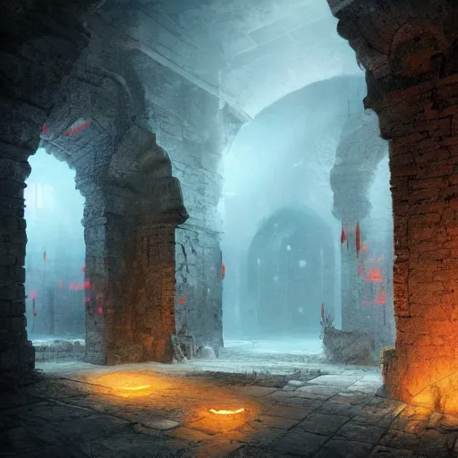 Prompt: Entrance to an ancient dungeon, ruins, walls covered in glowing runes, ominous, volumetric lighting, scenery, digital painting, highly detailed, artstation, sharp focus, illustration, concept art, ruan jia, steve mccurry