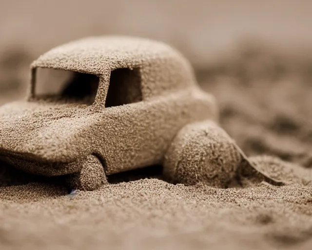 Image similar to 8 5 mm food photography of a car made of sand near a garden with dof and bokeh and flowers o