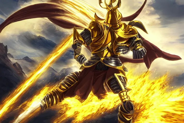 Image similar to an ultra detailed portrait of saladin as a shonen anime protagonist charging into battle wearing bright gold armor and huge flaming longsword blessed by god, epic anime fantasy, 8 k, volumetric lighting, smooth, highly detailed, digital illustration, art by kentaro miura and akira toriyama and albert bierstadt and greg rutkowsi, artstation