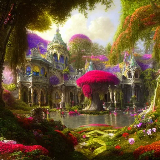 Image similar to a beautiful and highly detailed matte painting of a beautiful palace in a magical fantasy forest garden, colorful flowers, psychedelic patterns, epic scale, insanely complex, hyperdetailed, sharp focus, hyperrealism, artstation, cgsociety, 8 k, bright colors, by caspar friedrich, albert bierstadt, james gurney, brian froud,