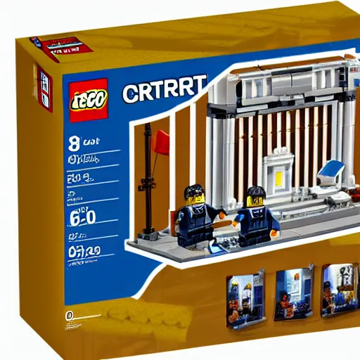 Prompt: Box art for a LEGO set of a court room