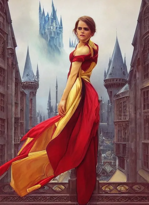 Image similar to oil painting of emma watson giving seductive look wearing red and gold. hogwarts in background beautiful detailed face. by artgerm and greg rutkowski and alphonse mucha
