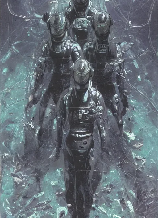 Image similar to astronauts divers in dark void underwater - complex and hyperdetailed technical suit design. reflection and dispersion materials. rays and dispersion of light. volumetric light. f / 3 2. noise film photo. flash photography. ultra realistic, 5 0 mm. poster by wayne barlowe, hajime sorayama aaron horkey, craig mullins