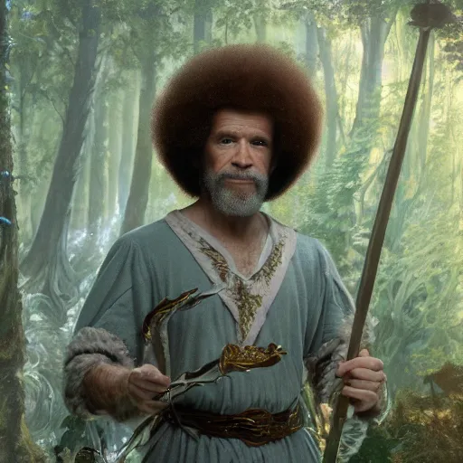 Image similar to an ultra detailed matte painting of bob ross dressed as a wandering elf druid, silver hawk animal companion, d & d, fantasy concept art by alphonse mucha and greg rutkowski, octane render, 8 k, detailed face