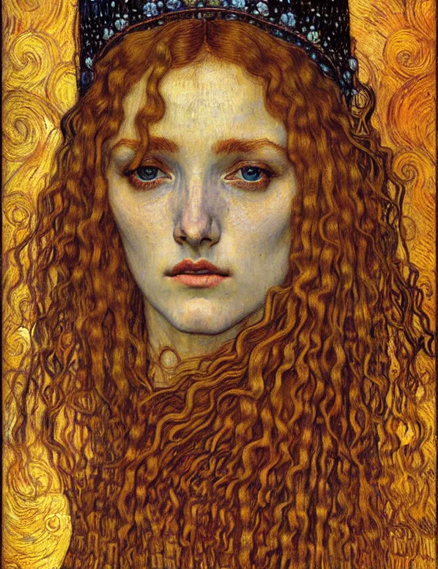 Image similar to detailed realistic beautiful young medieval queen face portrait by jean delville, gustav klimt and vincent van gogh, art nouveau, symbolist, visionary, gothic, pre - raphaelite, muted earthy colors, desaturated