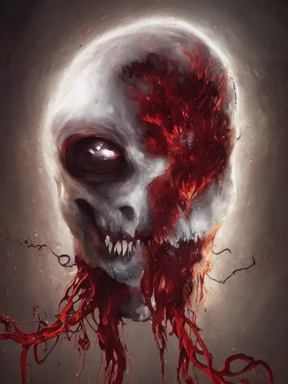 Image similar to painting by greg rutkowski of a flying sorrowful looking human head with tears running down it's eyes, face that is chalk white in color, with long sprawling white tentacles stemming down it's neck, fiery scorching red eyes, flying in a terrying hellish dark cavernous place