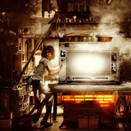 Image similar to cyborg toaster oven repairman, dark messy smoke - filled cluttered workshop, dark, dramatic lighting, orange tint, sparks, plasma rays, cinematic, highly detailed, sci - fi, futuristic, movie still