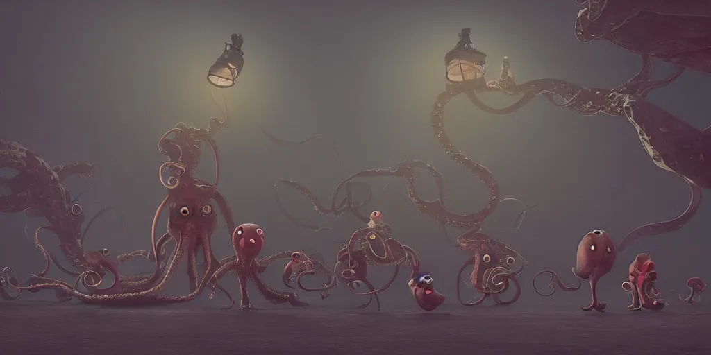 Image similar to a strange bird octopus chimera creature waiting for the bus with other monsters, in the style of shaun tan and sam shearon, glossy, beautiful, fantastic, wonderful, dramatic lighting, high contrast, 8 k octane render
