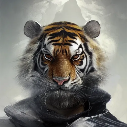 Image similar to a beautfiul award winning aesthetic commission of an antrho albino tiger wearing a black padded hooded puffer jacket,digital art,art by greg rutkowski,character design by charles bowater,ross tran,photorealistic,detailed face,hyperdetailed,western comic,2021,artstation,deviantart