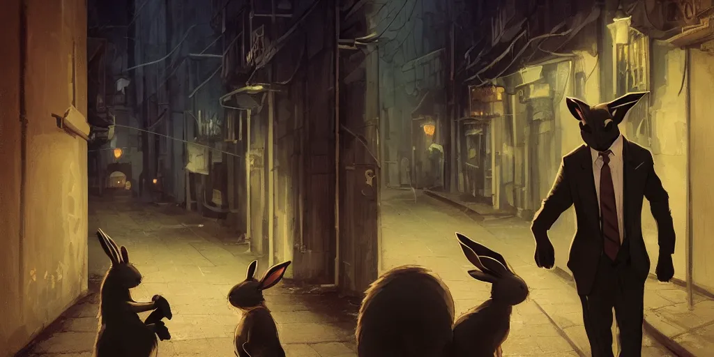 Image similar to rabbit wearing a tie is talking to a femme fatale cat in a dark alley, warm color palette, night time, dramatic lighting, noir film, character sheet, fine details, high contrast, blacksad, kim jung gi, greg rutkowski, trending on artstation, 8 k, front view, back view, ultra wide angle