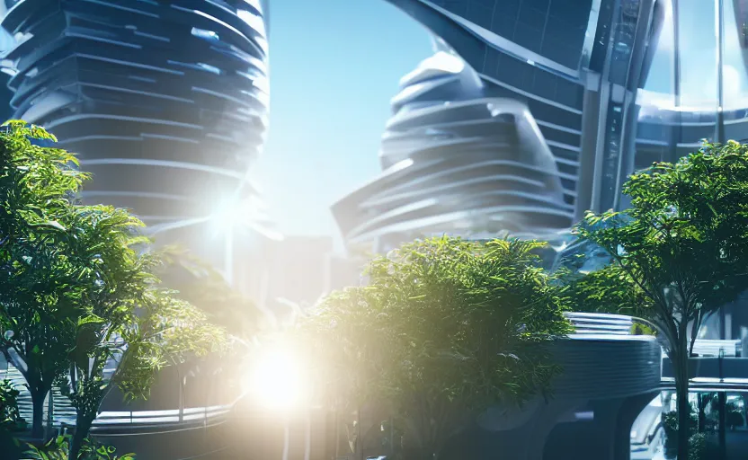 Prompt: futuristic modern city with plants growing. daylight. sunlight. lens flare. light fixtures. 8 k. detailed. photorealism. artstation. 2 5 mm f / 1. 7 asph lens. ultra realistic