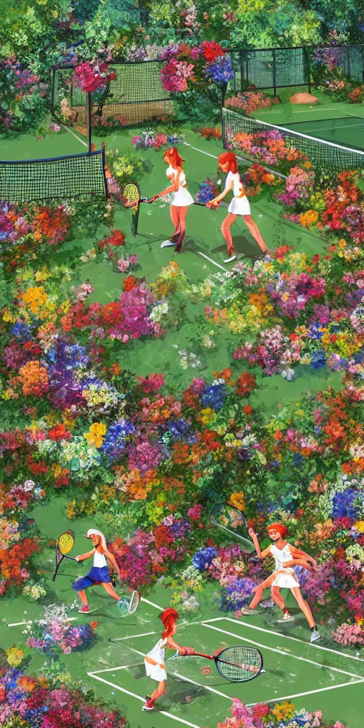 Image similar to Two elves playing tennis on a tennis court made of flowers, digital art