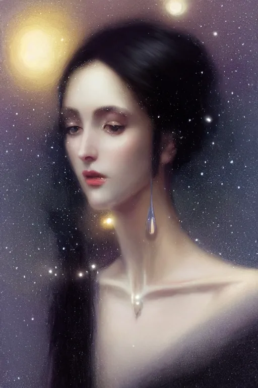 Image similar to Nocturne, glowing, stars, a long-legged elegant sultry woman, long ombre hair, pearl choker, highly detailed, mysterious, ethereal, dressed in black velvet, haute couture, illustration, dramatic lighting, soft details, painting, by Edmund Blair Leighton, Brom, Charlie Bowater, trending on artstation, faces by otto schmidt