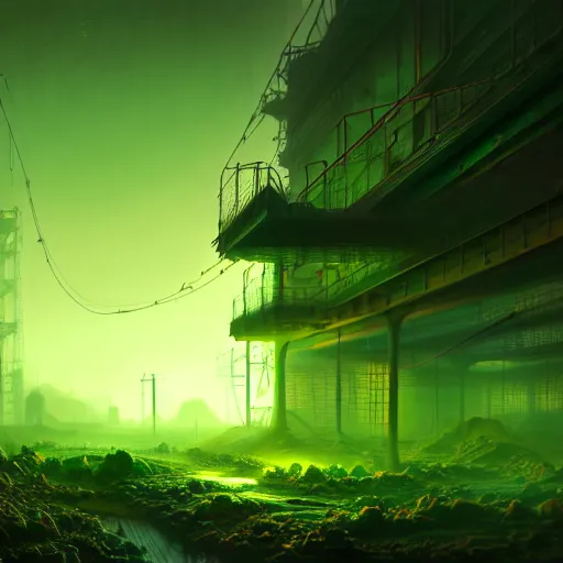 Prompt: radioactive wasteland, spilled green - yellow toxic waste emits vibrant light, foggy atmosphere, by rembrandt and wlop, intricate, detailed, photorealistic imagery, artstation