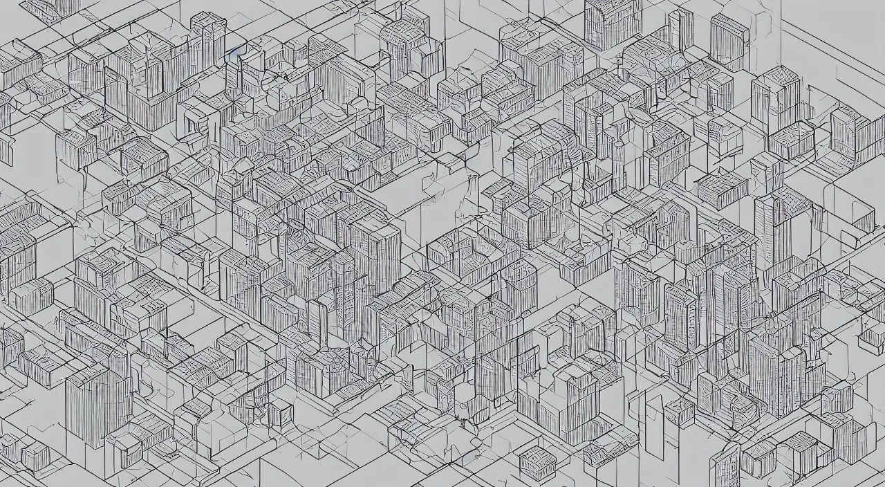 Image similar to exploded axon schematic drawinf of a typical city block, in vector drawing style of peter eisenman