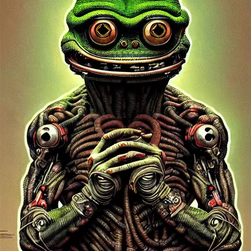 Image similar to ultra realist intricate detailed horror portrait of pepe frog, cyborg tech on body and legs, accurate features, cyberpunk, industrial, apocalyptic, very intricate details, focus, high resolution, 8 k resolution, dramatic lighting, artstyle alex ries and zdzisław beksinski, award winning