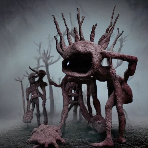 Image similar to the biological war, surrealistic detailed claymation art, dark, moody, foggy