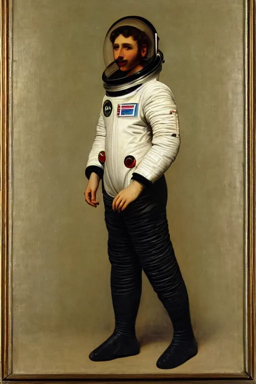 Prompt: a portrait of a male astronaut, wearing a spacesuit and helmet, dressed neatly, by bouguereau