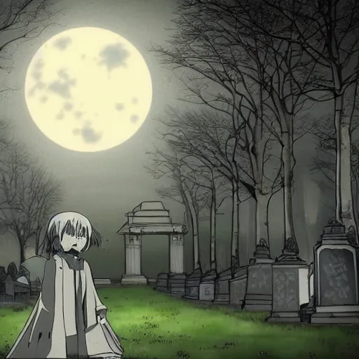 Image similar to anime hd, anime, 2 0 1 9 anime, ghost children, children born as ghosts, dancing ghosts, london cemetery, albion, london architecture, buildings, gloomy lighting, moon in the sky, gravestones, creepy smiles