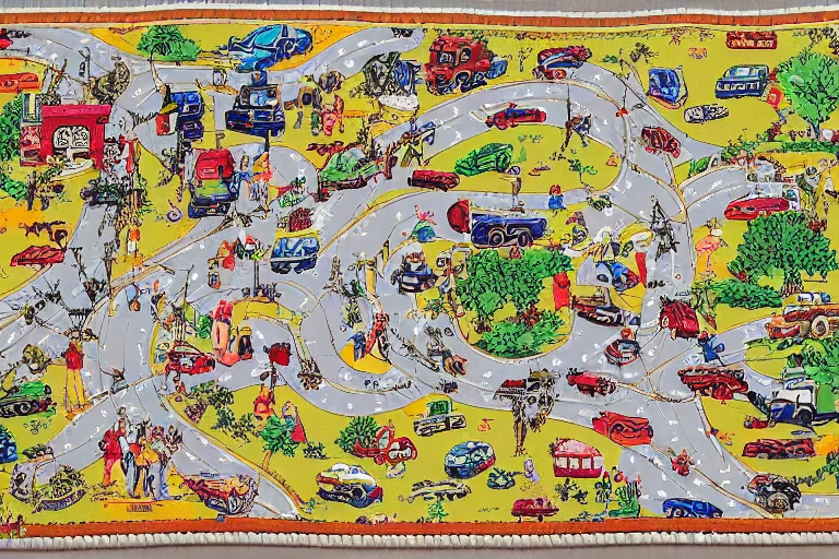 Prompt: an elaborate kids road map carpet rug, detailed, penned illustrations, by wes anderson and geoff darrow!!!!!