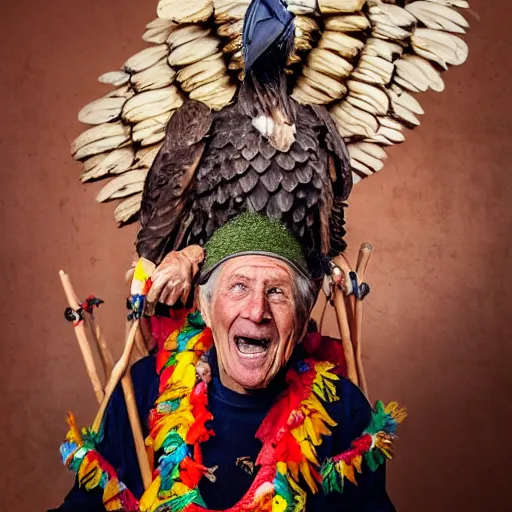 Prompt: an elderly man riding a giant eagle, screaming, bold natural colors, national geographic photography, masterpiece, 8 k, raw, unedited, symmetrical balance, tutu, wearing a hat made from nachos, sausages for fingers